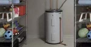 Residential water heater installed in a home storage room in Las Vegas.