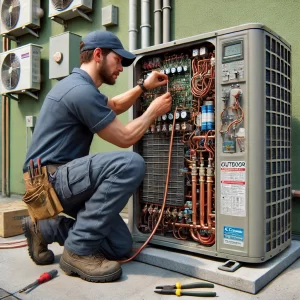 HVAC technician repairing an outdoor air conditioning unit in Las Vegas.