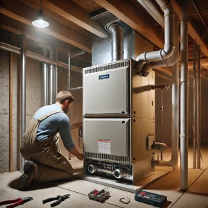 HVAC technician servicing a furnace in a residential basement in Las Vegas.