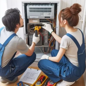 HVAC technicians repairing an indoor air conditioning unit in Las Vegas.