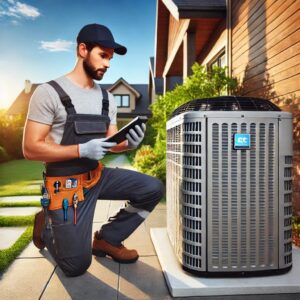 HVAC technician inspecting an outdoor AC unit during a residential AC installation in Las Vegas