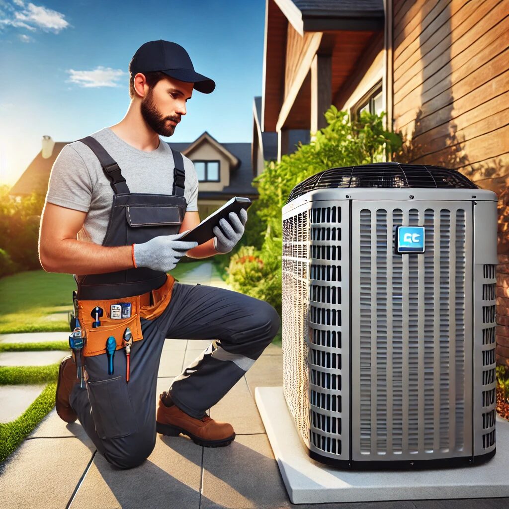 HVAC technician inspecting an outdoor AC unit during a residential AC installation in Las Vegas